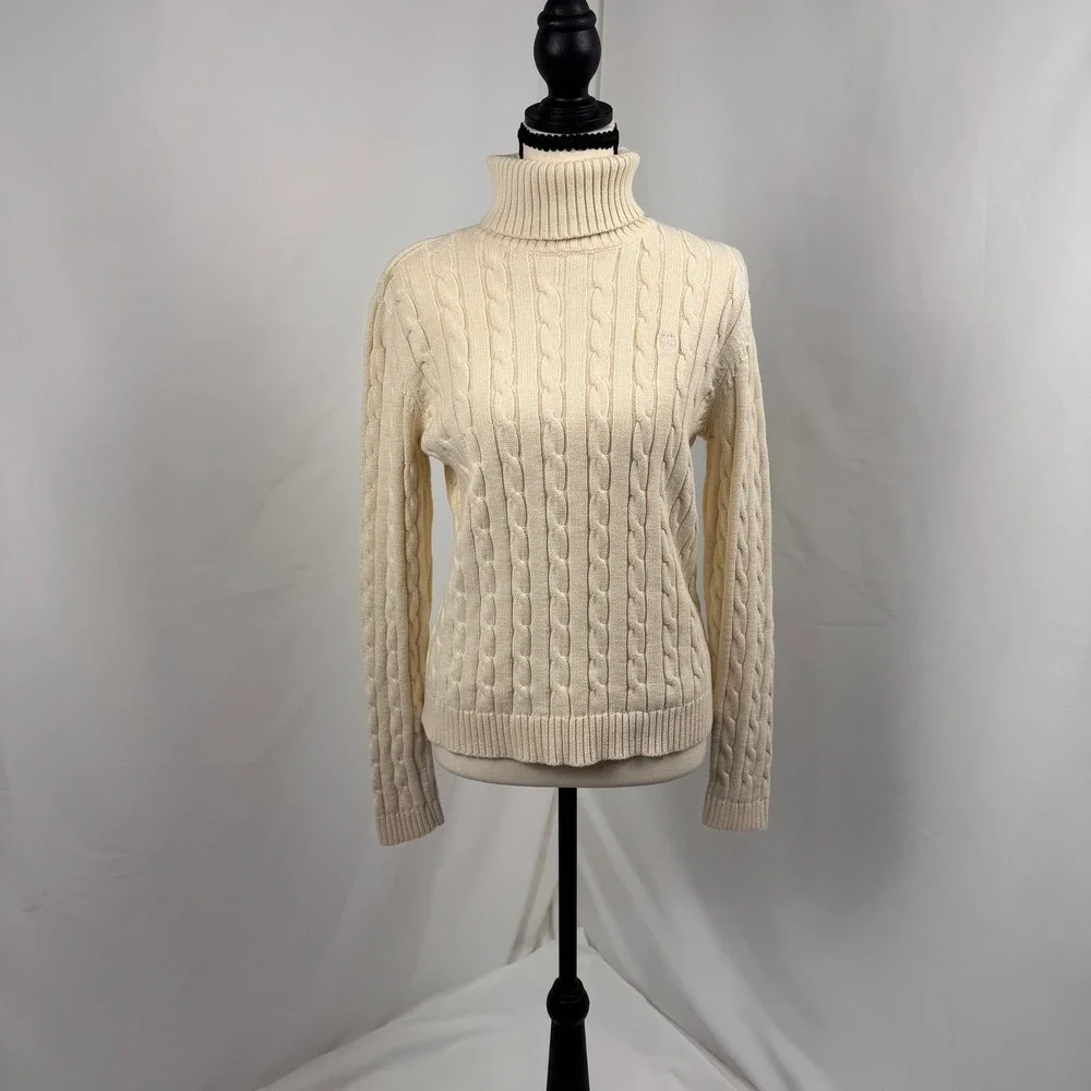 Chaps Turtleneck Sweater Womens Medium Cream Cable Knit 100% Cotton Long Sleeve